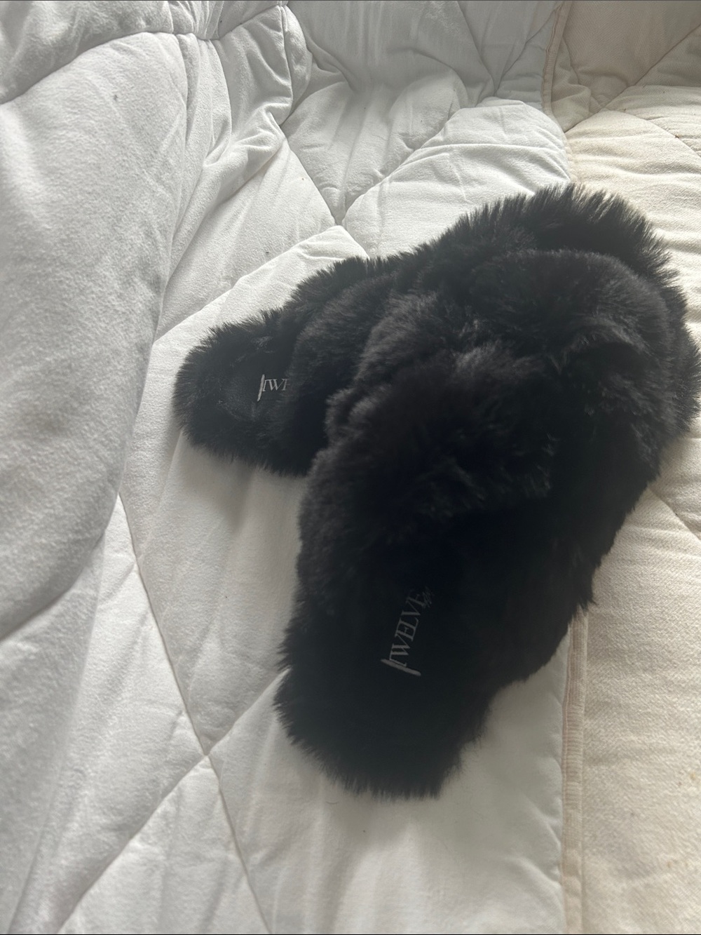 Twelve by Twelve Black Plush Cross-Band Slippers